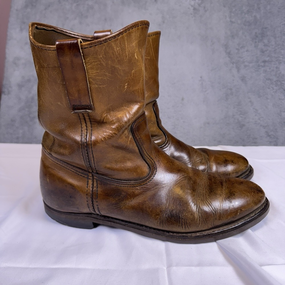 Vintage L.L. Bean Boots Mens 10 Pecos Roper Pull-On Brown Leather Distressed USA